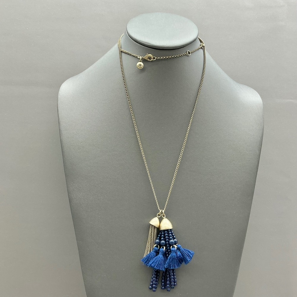 J. Crew Necklace Blue Tassel Beaded Fringe Pendant Gold Tone Long Adjustable 32"